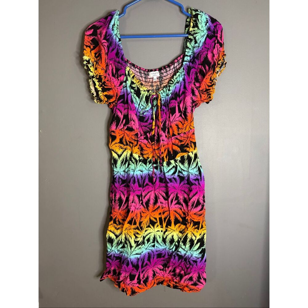 Cabana by Crown & Ivy Womens Mini Dress in Rainbow Palm Floral Smocked 1X